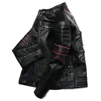 New Embroidery Skull Fashion Genuine Leather Jacket Men's Natural Cowhide Motorcycle Jacket Slim Moto Coat Size S-6XL