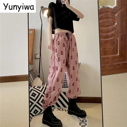 Sweatpants Women Harajuku Pink Corduroy Wide Leg Pants Korean High Waist Skull Fashion Trousers plus size clothes Capris