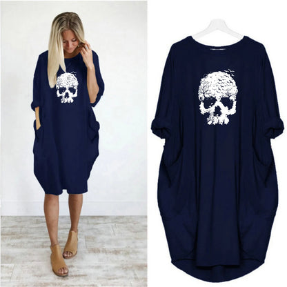 Women's Summer Loose Skull Print Round Neck Long Sleeve Pocket Comfortable Casual P lus Size Dress  ashion Streetwear Oversized