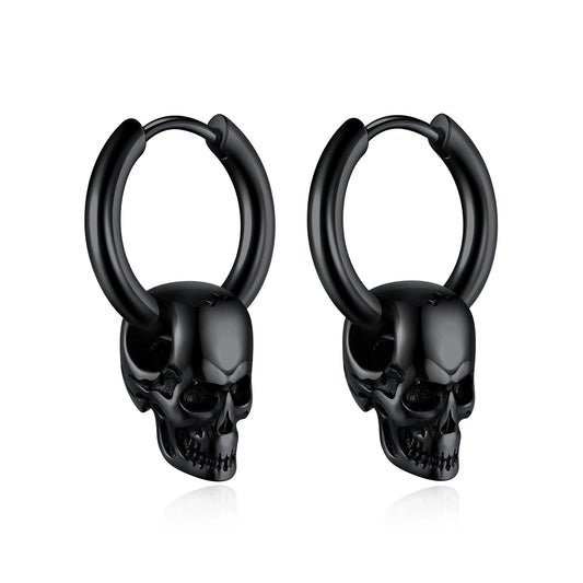 U7 Skulls Hoop Earrings for Man Black Gold Color Stainless Steel Skeleton Gothic Jewelry