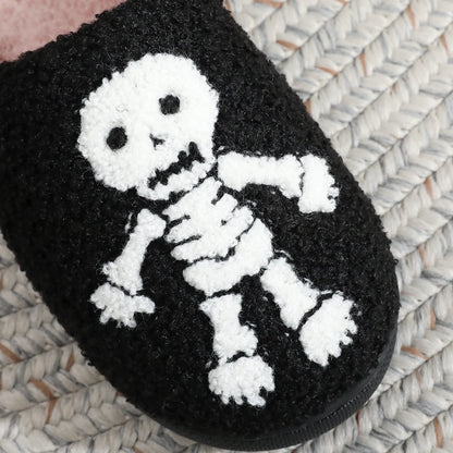 Halloween Skull Embroidery Cotton Slippers Home Flat Indoor Ghost Non-slip Women Men Thickened Slippers Goat Halloween Gift