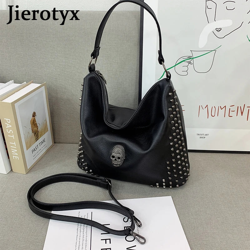 JIEROTYX Punk Skull Women Shoulder Bags Large Capacity Fashion Rivet Ladies Handbag Black Leather PU Tote Cossbody Great Quality