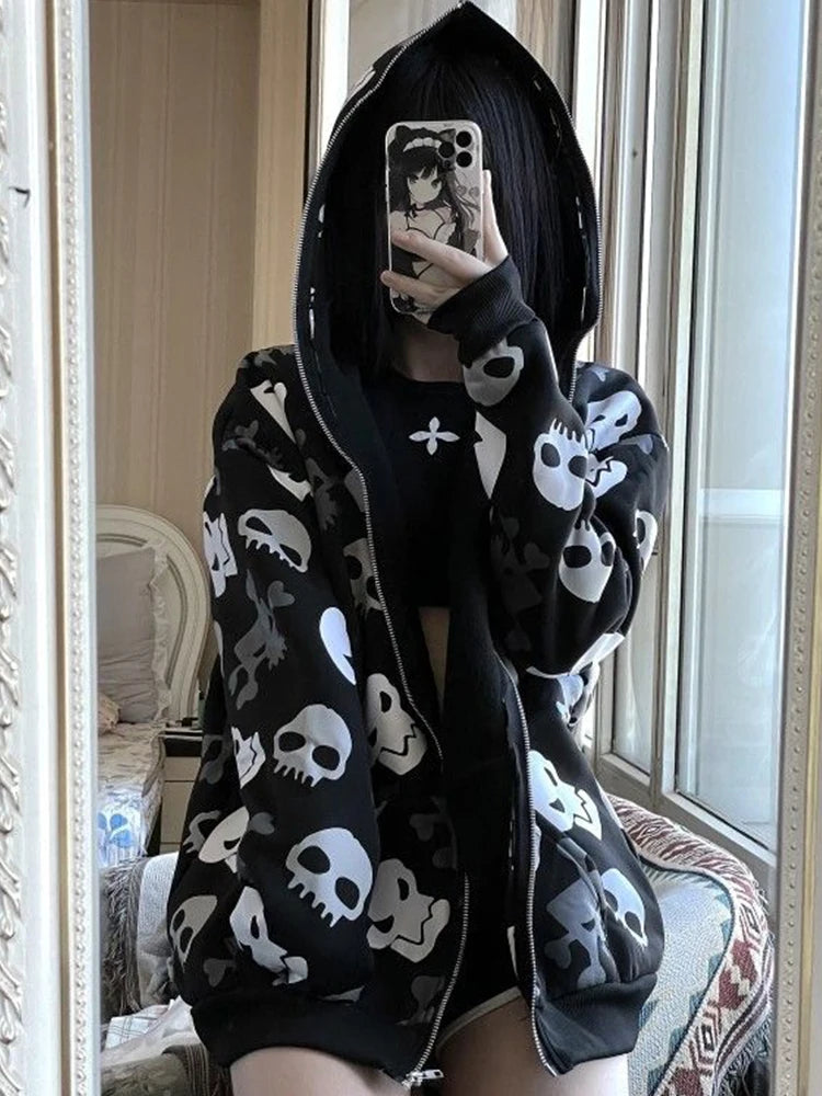 AltGoth Cyberpunk Y2k Sweatshirt Women Mall Goth Harajuku Skull Printed Long Sleeve Zipper Cardigan Hoodie Emo Alt Indie Clothes