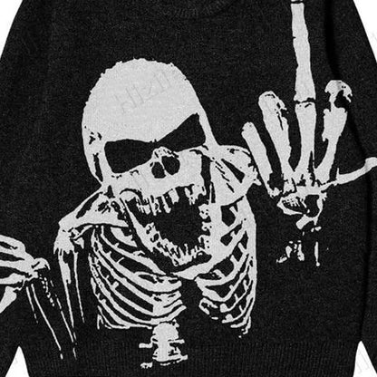 BIG PROMOTION Y2K European and American Autumn and Winter Men's Gothic Casual Black Loose Skeleton Print Vintage Knitted Sweater