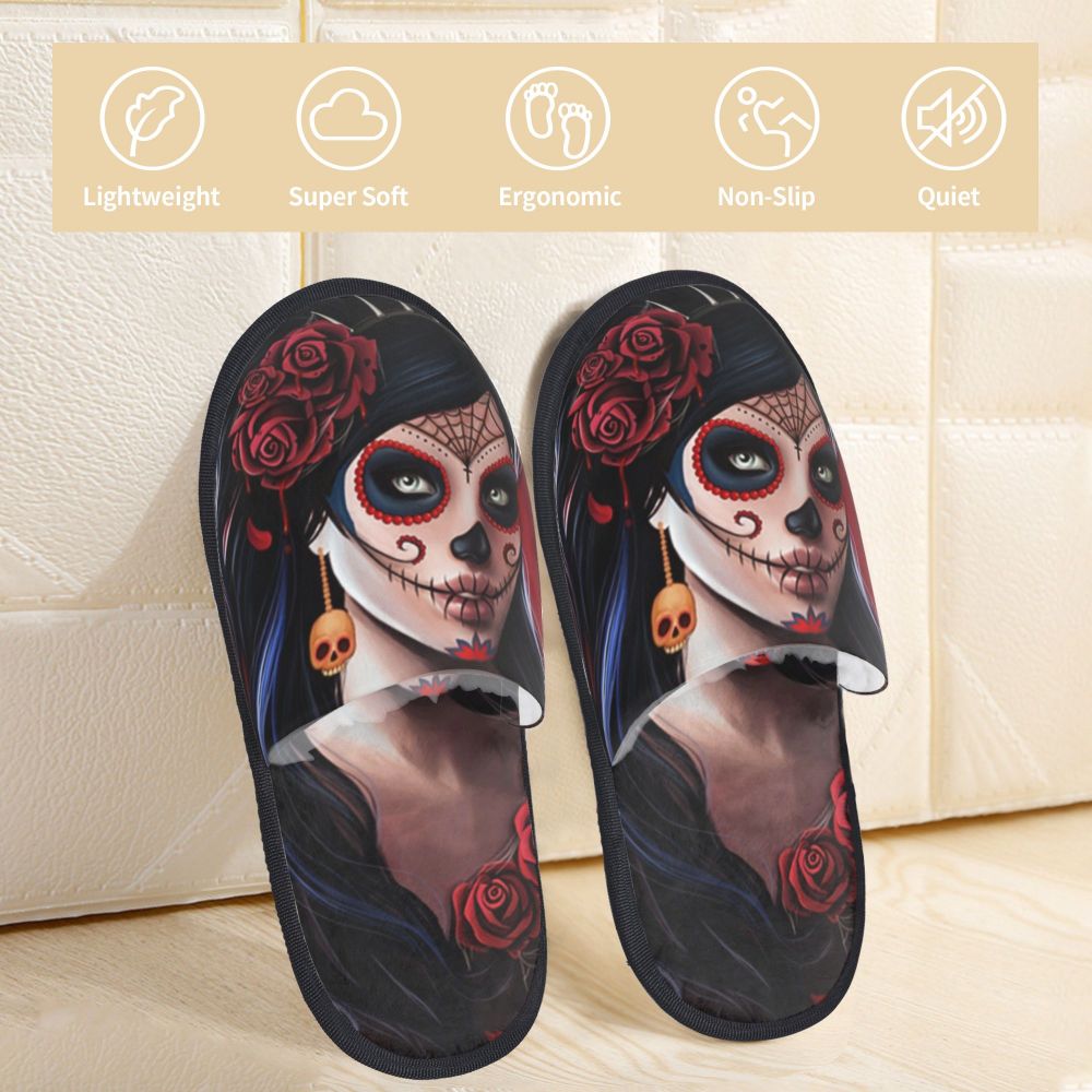 Halloween Catrina Sugar Skull House Slippers Soft Memory Foam Shoes Day Of The Dead Mexican Lady Comfy Warm Anti-Skid Slipper