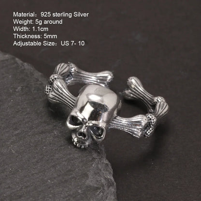 Gothic Skull Rings 925 Sterling Silver Punk Rock Band For Women Adjustable Size 7-10 Fine Jewelry Gift