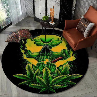 3D Smoke Maple Weed Plants Green Death Skull Round Carpet Rug for Living Room Bedroom Kids Decor,Pet Area Rug Non-slip Floor Mat