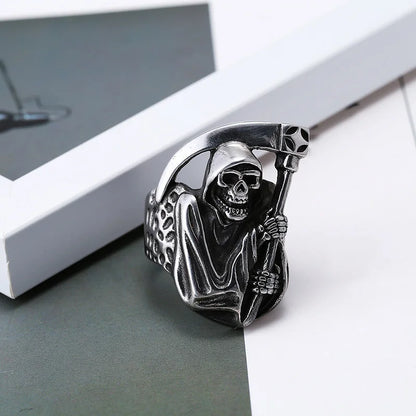 Creative Exquisite Titanium Steel Carved Scythe Skull Men's Ring Festival Party Birthday Gift Jewelry