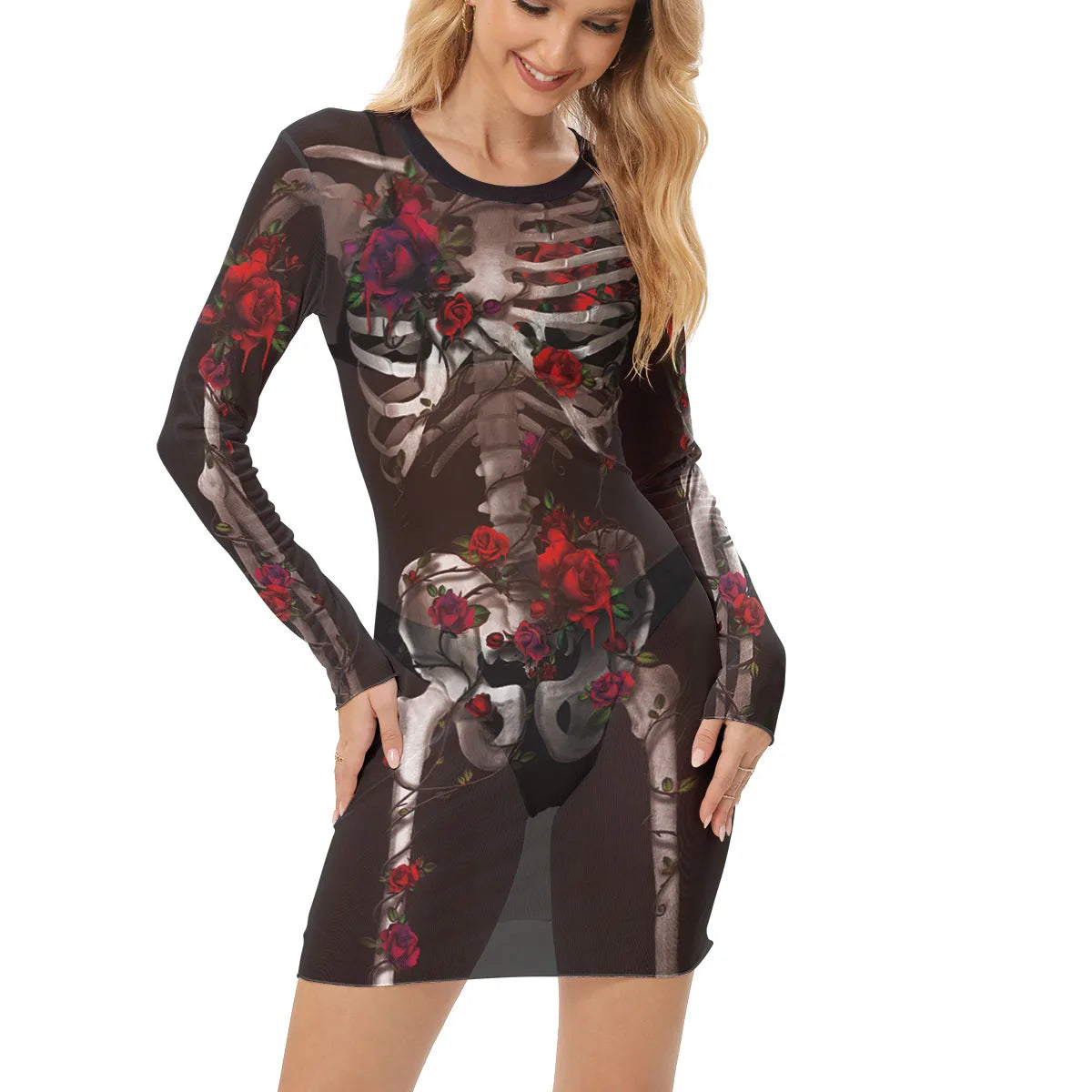 Summer Breathable Mesh Dress Women Sexy Min Dress Halloween Rose Skeleton Outfit Festival Carnival Streetwear Female Clothing