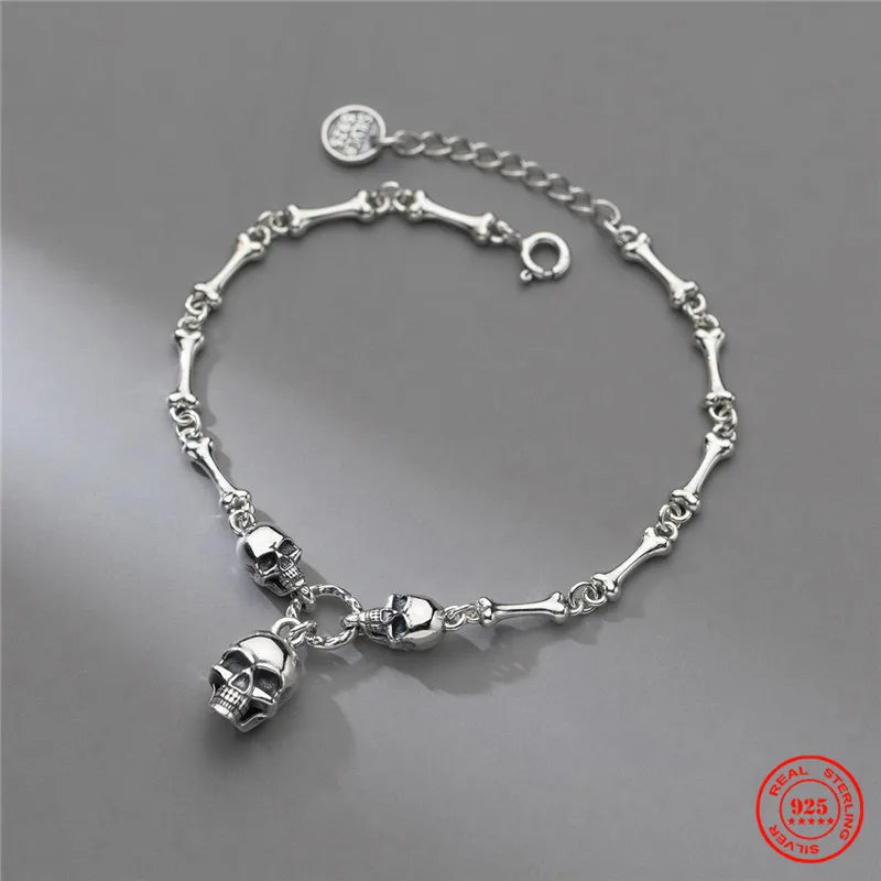 YIZIZAI Gothic Style 100% 925 Sterling Silver Women Creative Retro Skull Bone Chain Bracelet For Halloween party