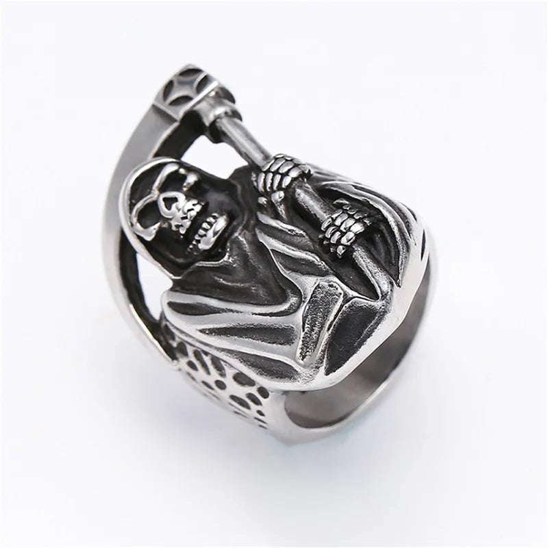 Creative Exquisite Titanium Steel Carved Scythe Skull Men's Ring Festival Party Birthday Gift Jewelry