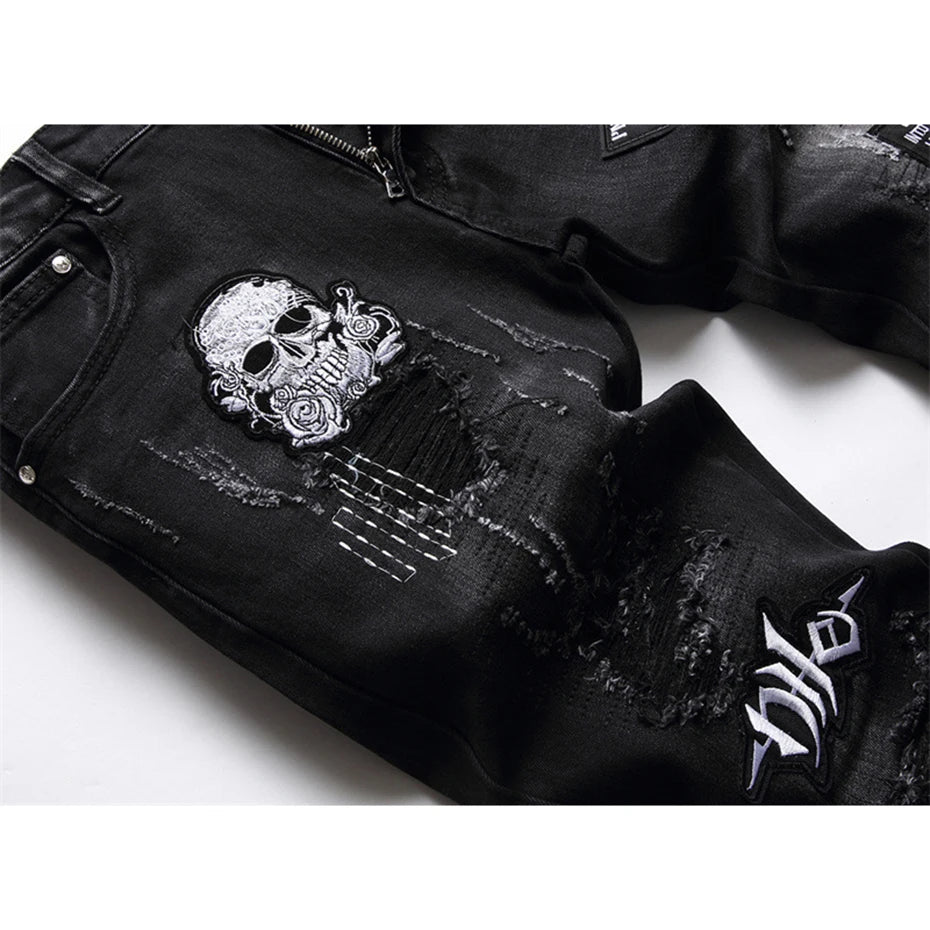 Punk Skull Streetwear Jeans Men Broken Hole Embroidery Letter Ripped Harajuku Hip Hop Denim Pants Fashion Slim Jeans for  Male