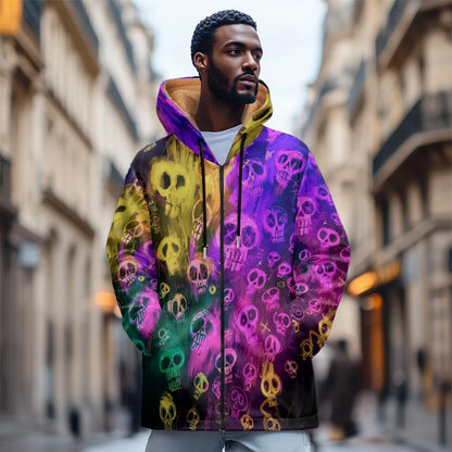 Men's and women's thick fleece hooded cardigan cotton-padded jacket, new coloured skull design pocket zipper, winter jacket men