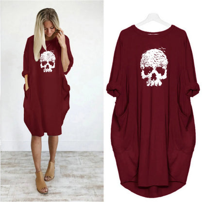 Women's Summer Loose Skull Print Round Neck Long Sleeve Pocket Comfortable Casual P lus Size Dress  ashion Streetwear Oversized