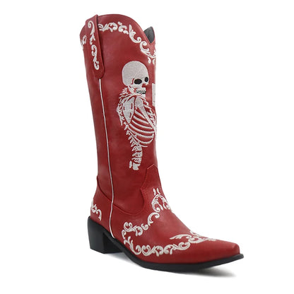 Women Skull Skeleton Selfie Cowboy Western Mid Calf Boots Pointed Toe Slip-On Stacked Heel Goth Punk Autumn Shoes Brand Designer