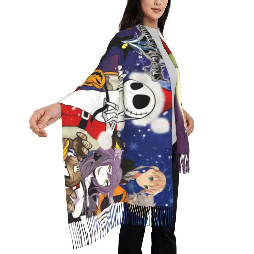 Custom Jack Skellington Sally Tassel Scarf Women Winter Fall Warm Shawls Wraps Ladies The Nightmare Before Christmas Scarves