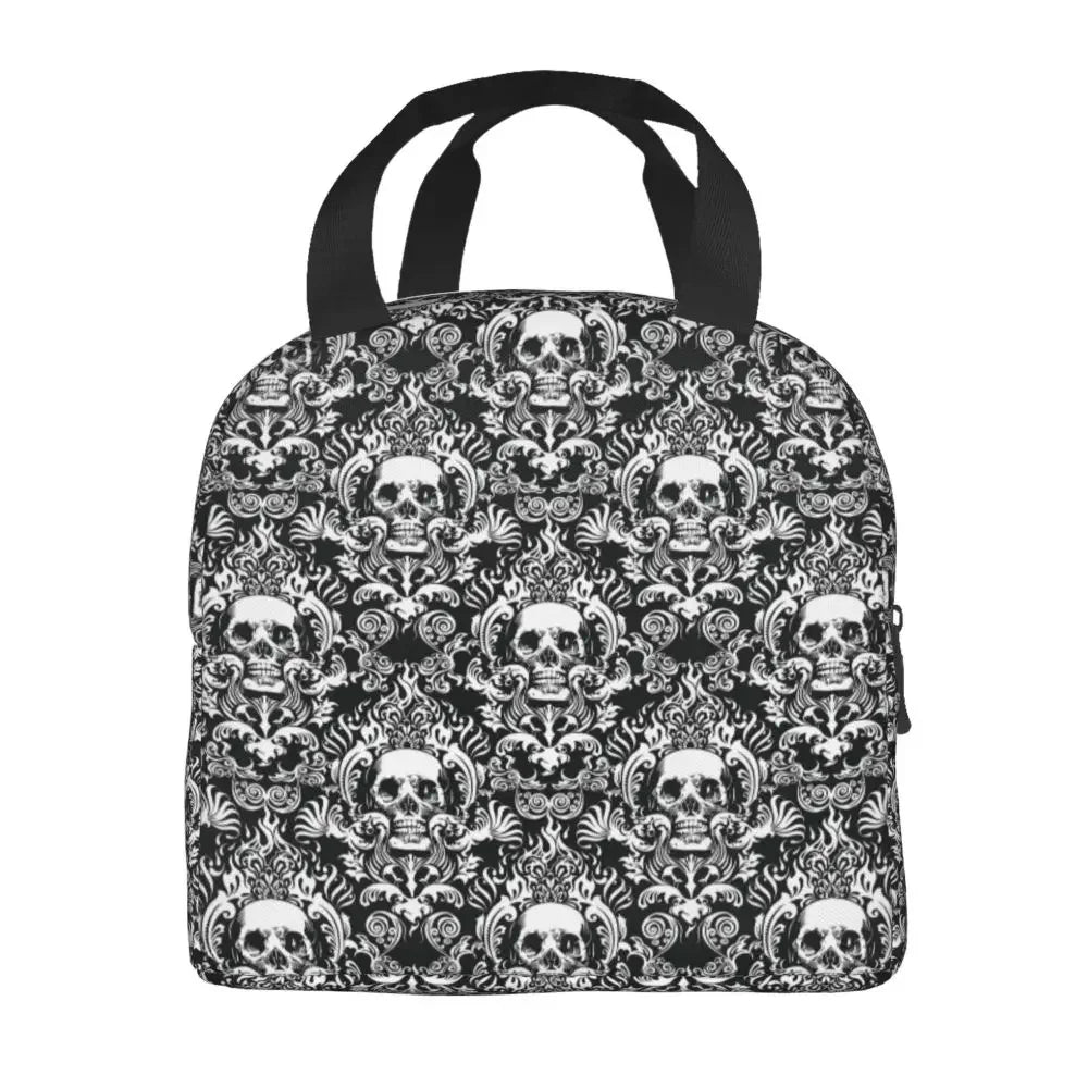 Vintage Halloween Gothic Black Skull Damask Lunch Bag Portable Thermal Cooler Insulated Bento Box For Women Kids Food Tote Bags