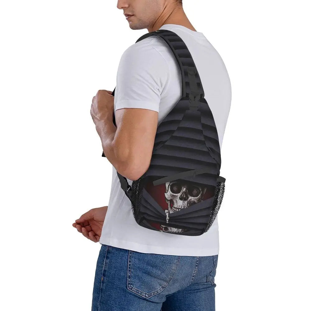 Gothic Skeleton Death Skull Sling Chest Bag Custom Crossbody Shoulder Backpack for Men Cycling Camping Daypack