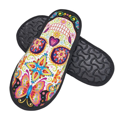 Personalized Mexican Day Of The Dead Skull Comfy Scuff Memory Foam Slippers Women Halloween Bedroom House Shoes