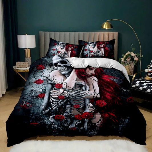 Skull Duvet Cover Red Rose Skeleton Queen Floral Skeleton Traditional Mexican Halloween Double Queen King Polyester Qulit Cover