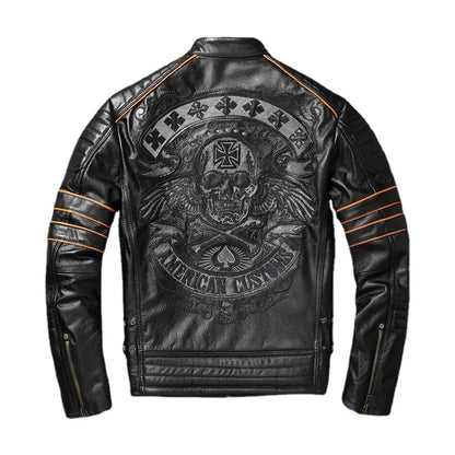 Real Cowhide Coat Genuine Leather Clothes Men's Motorcycle Embroidered Skull Motorcycle Riding Jacket Autumn Asian Size