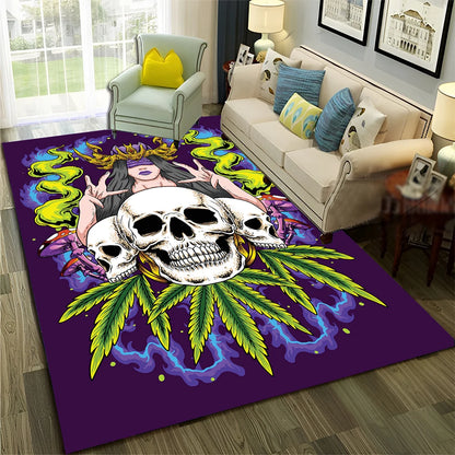 Smoke Maple Weed Plants Green Death Skull Carpet Rug for Home Living Room Bedroom Sofa Doormat Decor,Area Rug Non-slip Floor Mat