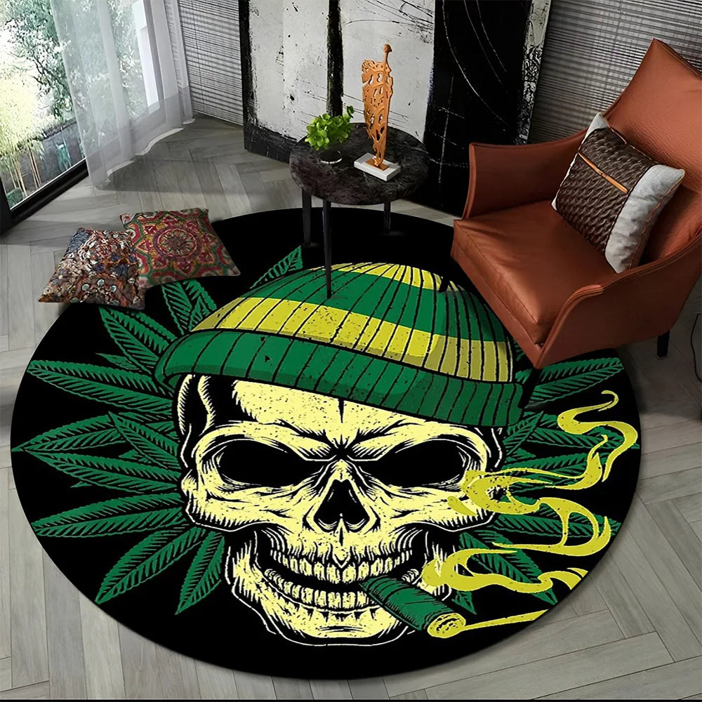 3D Smoke Maple Weed Plants Green Death Skull Round Carpet Rug for Living Room Bedroom Kids Decor,Pet Area Rug Non-slip Floor Mat