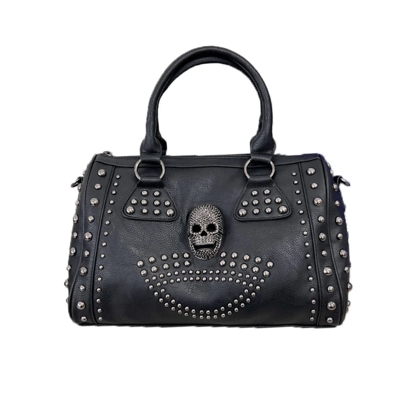 JIEROTYX Trendy Metal Skull Studded Black Handbags Gothic Rivet Womens Purse Satchel Handbag Shoulder Bags Large Capacity