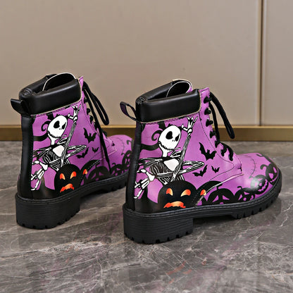 Skull Print High-Top Sneakers Women's Boots Autumn Winter Fashion Lace Up Purple Ankle Boots Plus Size Punk Gothic Shoes