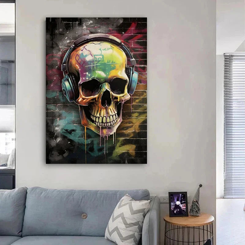 Abstract Skull with Earphone Pop Graffiti Art Canvas Painting Posters and Prints Street Wall Art Picture for Home Decor No Frame