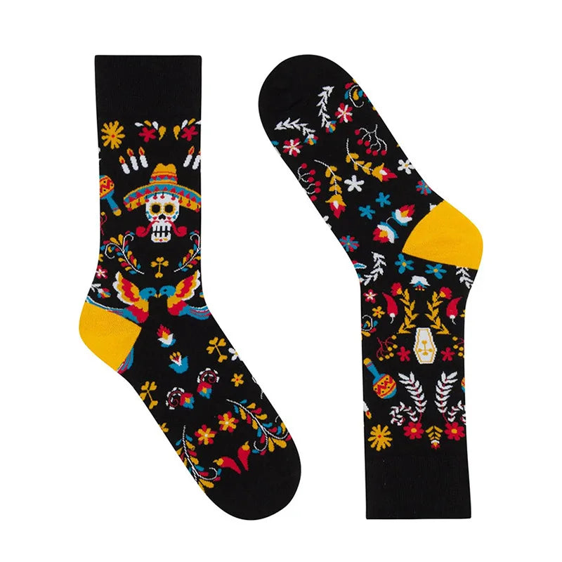 Sugar Skull Flower Socks Día de Muertos Day Of The Dead Mexico Colorful Skeleton Cotton Socks Unisex Women Men Couple Crew Socks