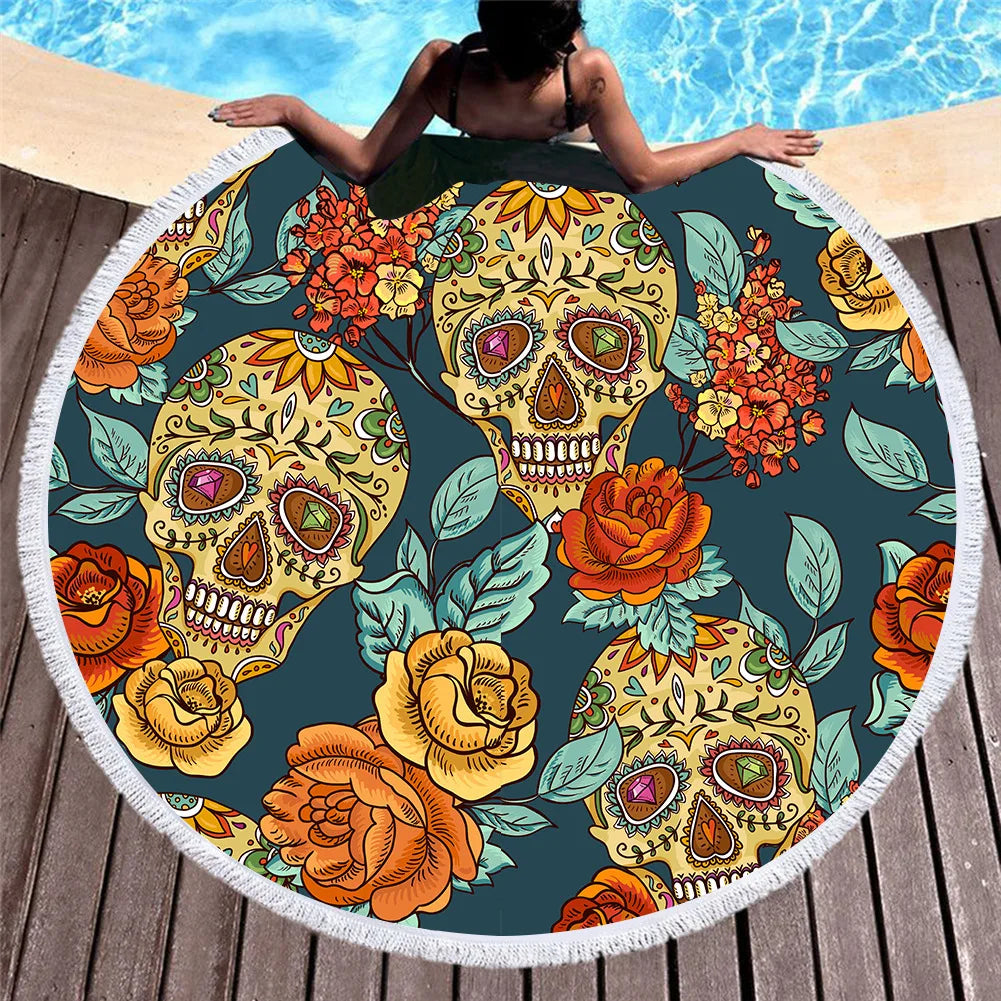 Towel Beach Towel Shawl Fast Drying Swimming Gym Camping Big Round Beach Towel Lovers Skull 3D Printed Beach Towel