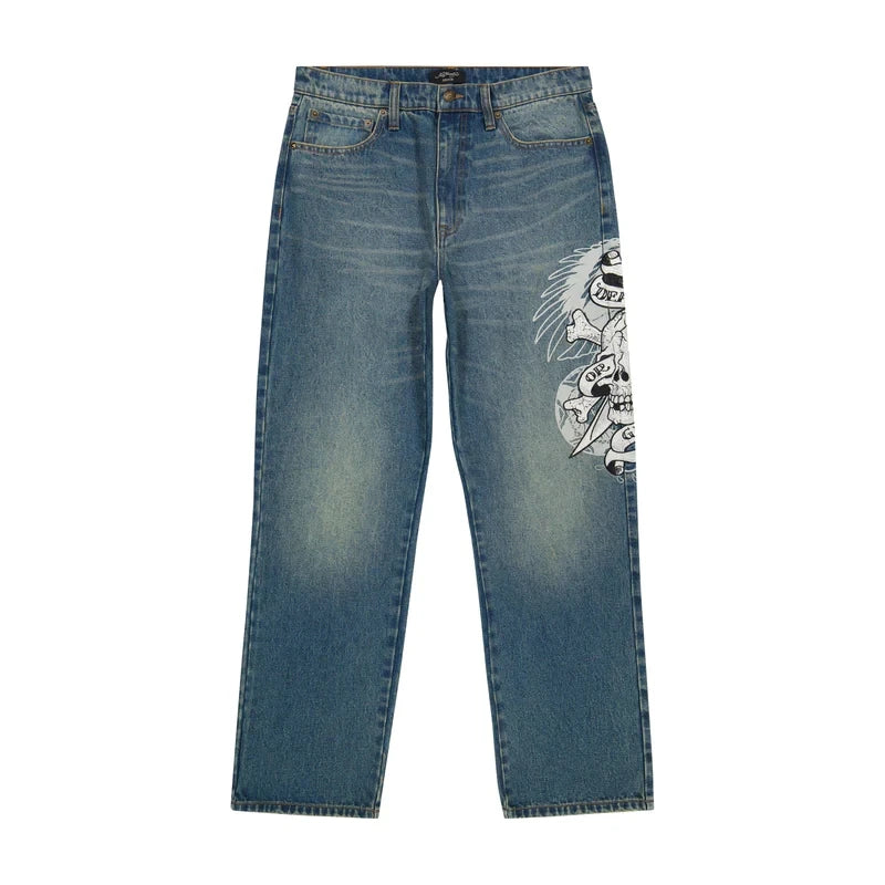 Hip Hop Punk Skull Print Baggy Blue Jeans for Women Y2k Street Wear Casual Straight Wide Leg Pants Hot Selling Denim Trousers