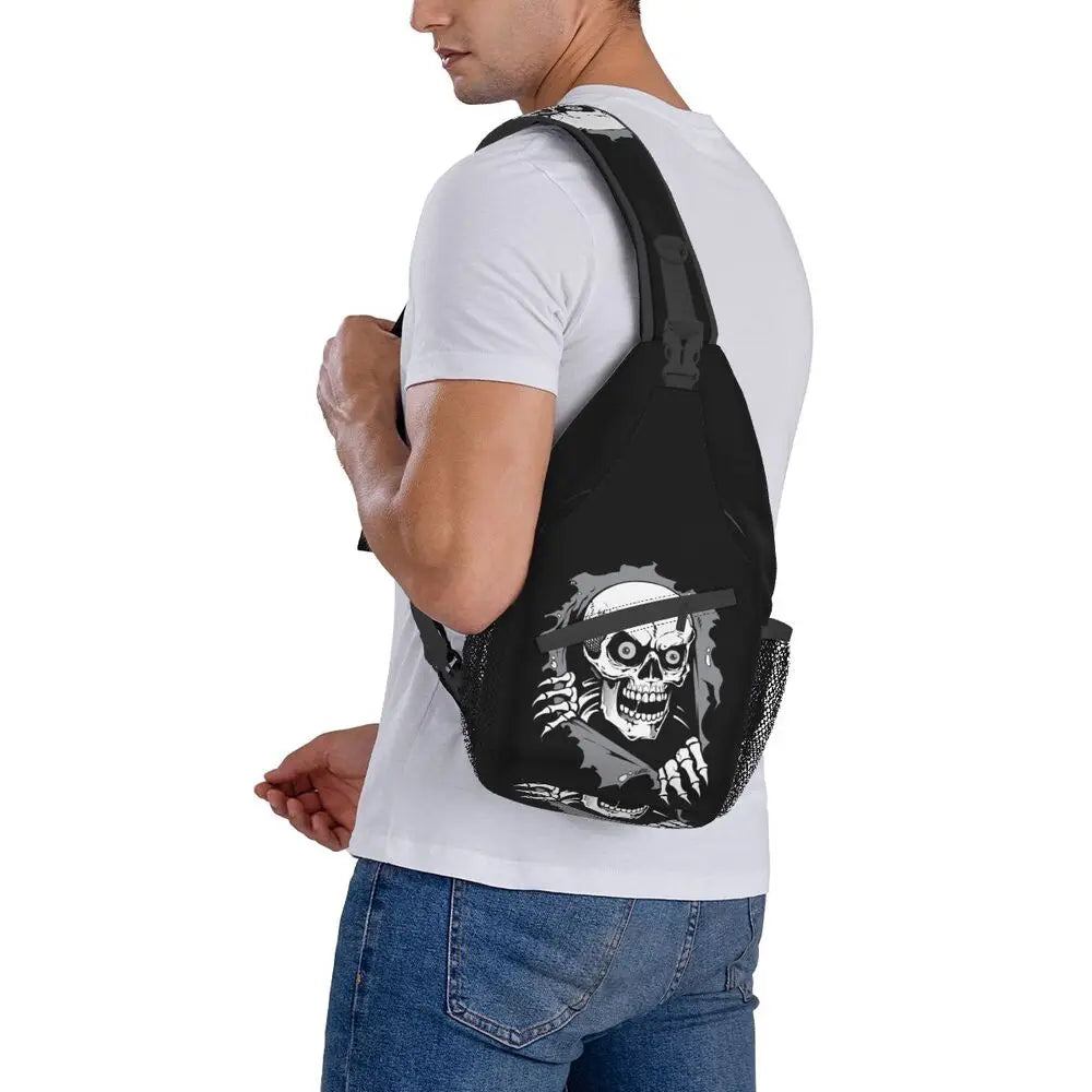 Gothic Skeleton Death Skull Sling Chest Bag Custom Crossbody Shoulder Backpack for Men Cycling Camping Daypack