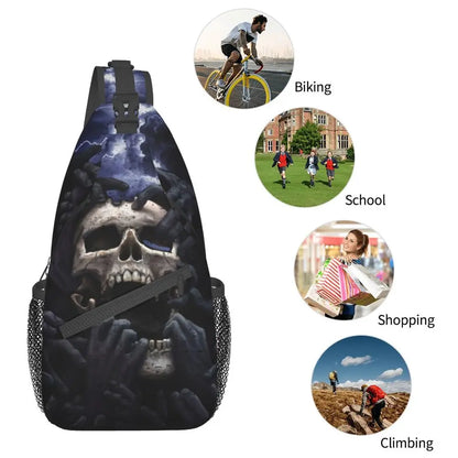 Gothic Skeleton Death Skull Sling Chest Bag Custom Crossbody Shoulder Backpack for Men Cycling Camping Daypack