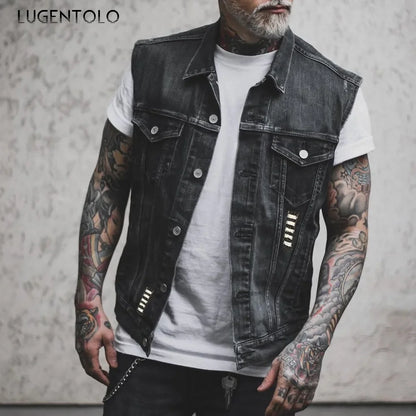 Skull Jean Jacket Men Motorcycle Denim Vest Large Size Spring Summer Streetwear Waistcoat