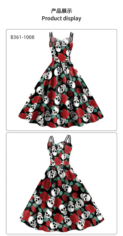 [You're My Secret] Fancy Skeleton Halloween Women Dress Girl Carnival Party Dresses Female Goth Horror Costume Rockabilly Dress