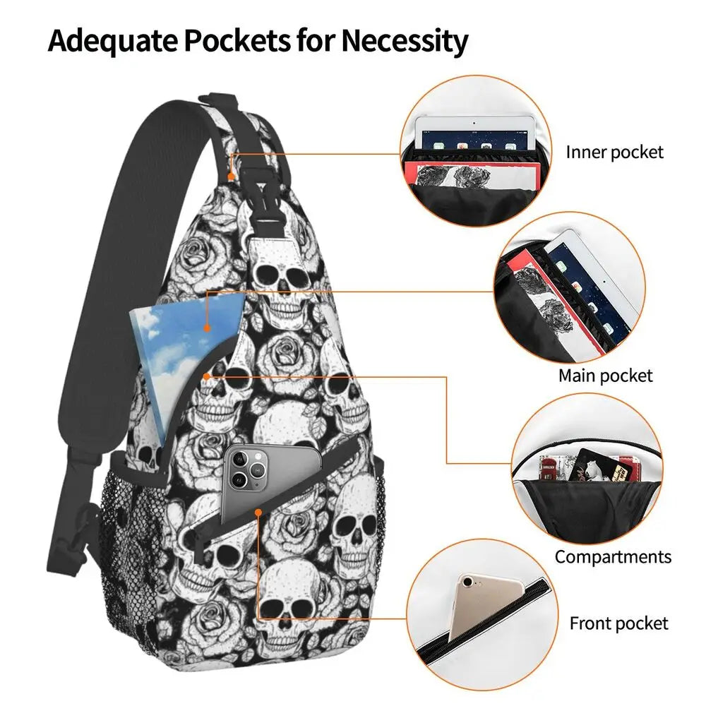 Horror Skeleton Gothic Death Skull Crossbody Sling Backpack Men Custom Shoulder Chest Bag for Traveling Daypack