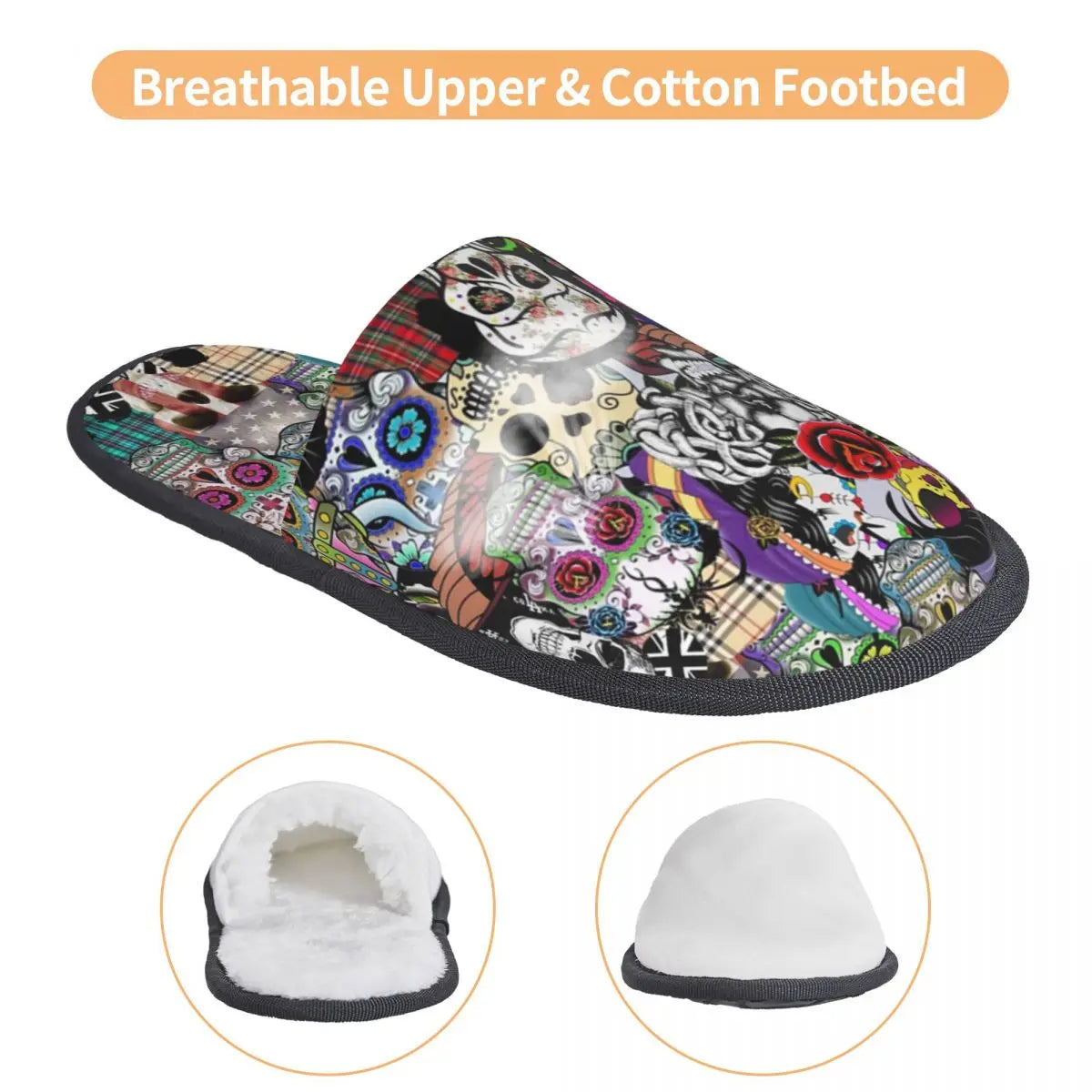 Personalized Mexican Day Of The Dead Skull Comfy Scuff Memory Foam Slippers Women Halloween Bedroom House Shoes