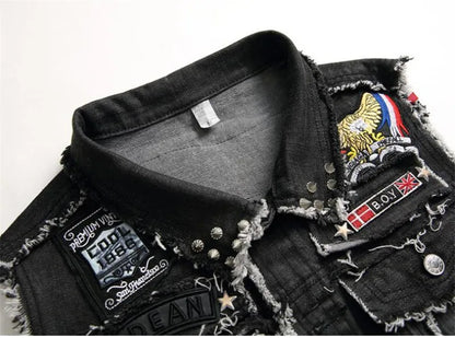 Men's Hi Street Biker Denim Vests With Rivet Skull Patches Fashion Punk Style Jean Waistcoat Personality Sleeveless Jacket