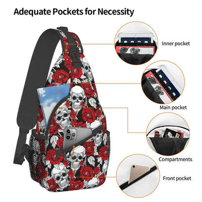 Horror Skeleton Gothic Death Skull Crossbody Sling Backpack Men Custom Shoulder Chest Bag for Traveling Daypack