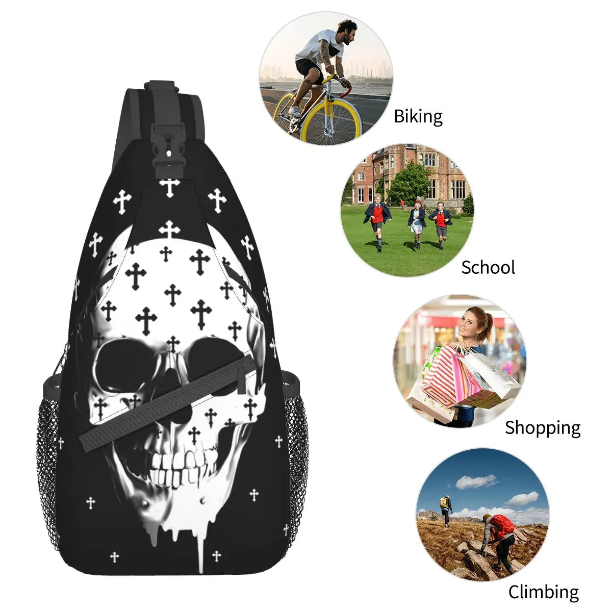 Gothic Skull With Crosses Crossbody Chest Bags Pockets Travel Pack Messenger Sports Teens Shoulder Bag Unisex