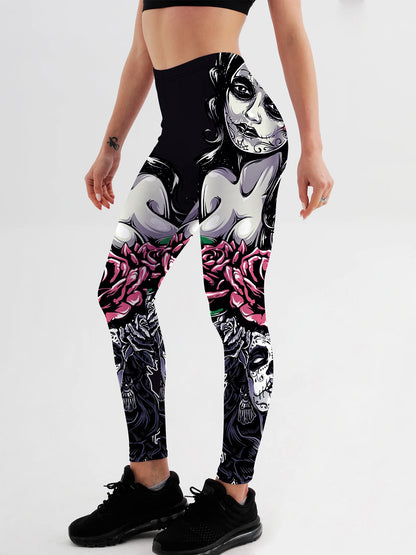 Qickitout New Arrival Women Leggings Sexy Girl With Roses Printed Leggings Gothic Fitness Workout Leggings Mid Waist Pants S-4XL