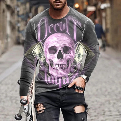 Flame Skull 3D Printed Streetwear Men's T-Shirts Long Sleeve Round-Neck Horror Halloween Man Tops Loose Gothic Round-Neck Tees