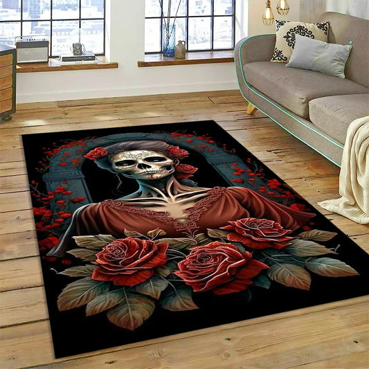 Skull Dead Girl Gothic Horror Female Rose Carpet Rug for Bedroom Living Room Home Sofa Decoration,Kid Game Large Decor Floor Mat