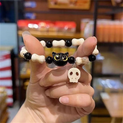 2PCS Tassels Big Eye Cat Bracelets for Women Sweet Cool Skull Ceramic Beaded Bracelet Aesthetic Party Jewelry Accessories