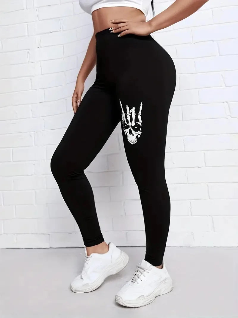 Skull & Hand Print Casual Tight Stretch elastic waist Comfortable slim fit Work daily travel Wear women's leggings