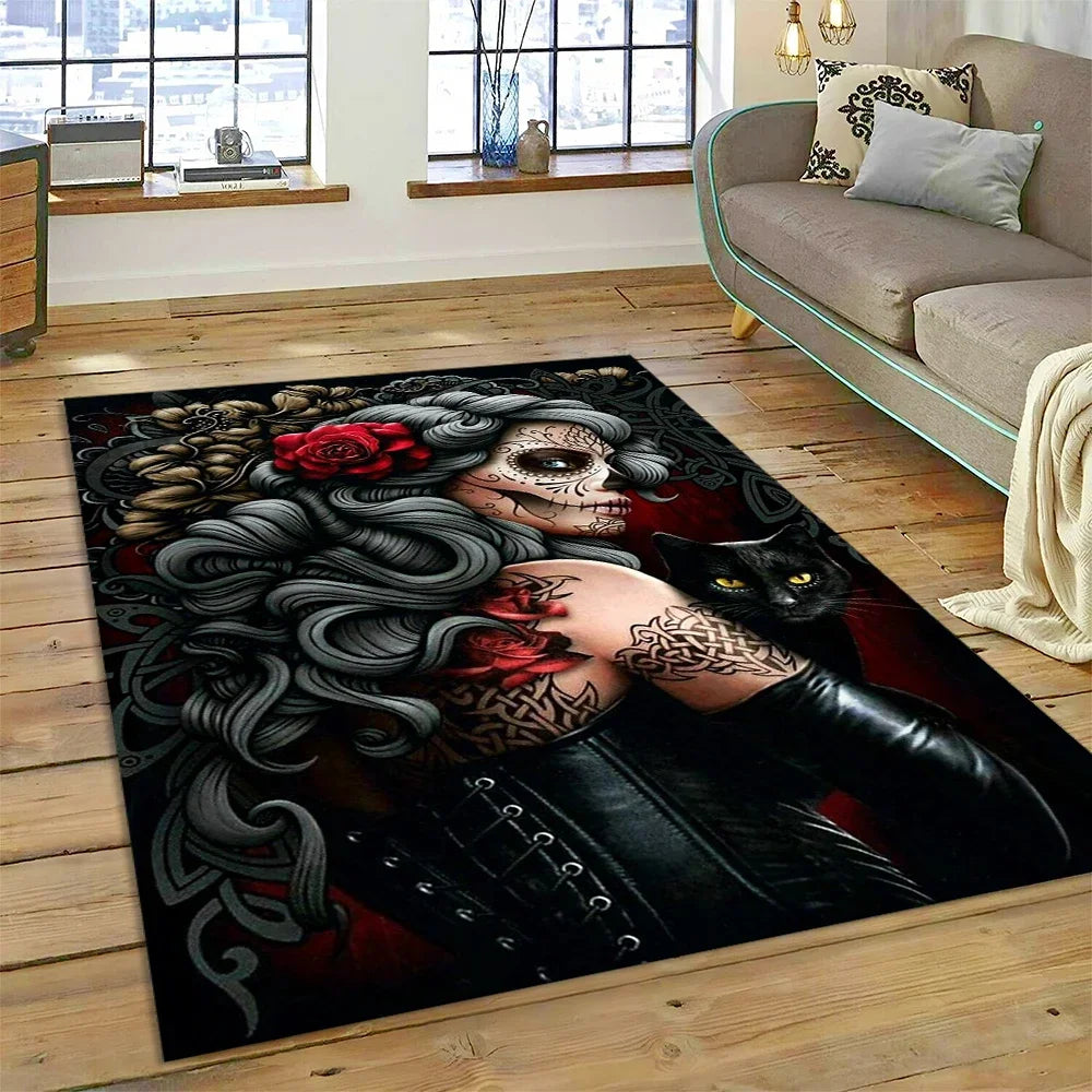 Skull Dead Girl Gothic Horror Female Rose Carpet Rug for Bedroom Living Room Home Sofa Decoration,Kid Game Large Decor Floor Mat