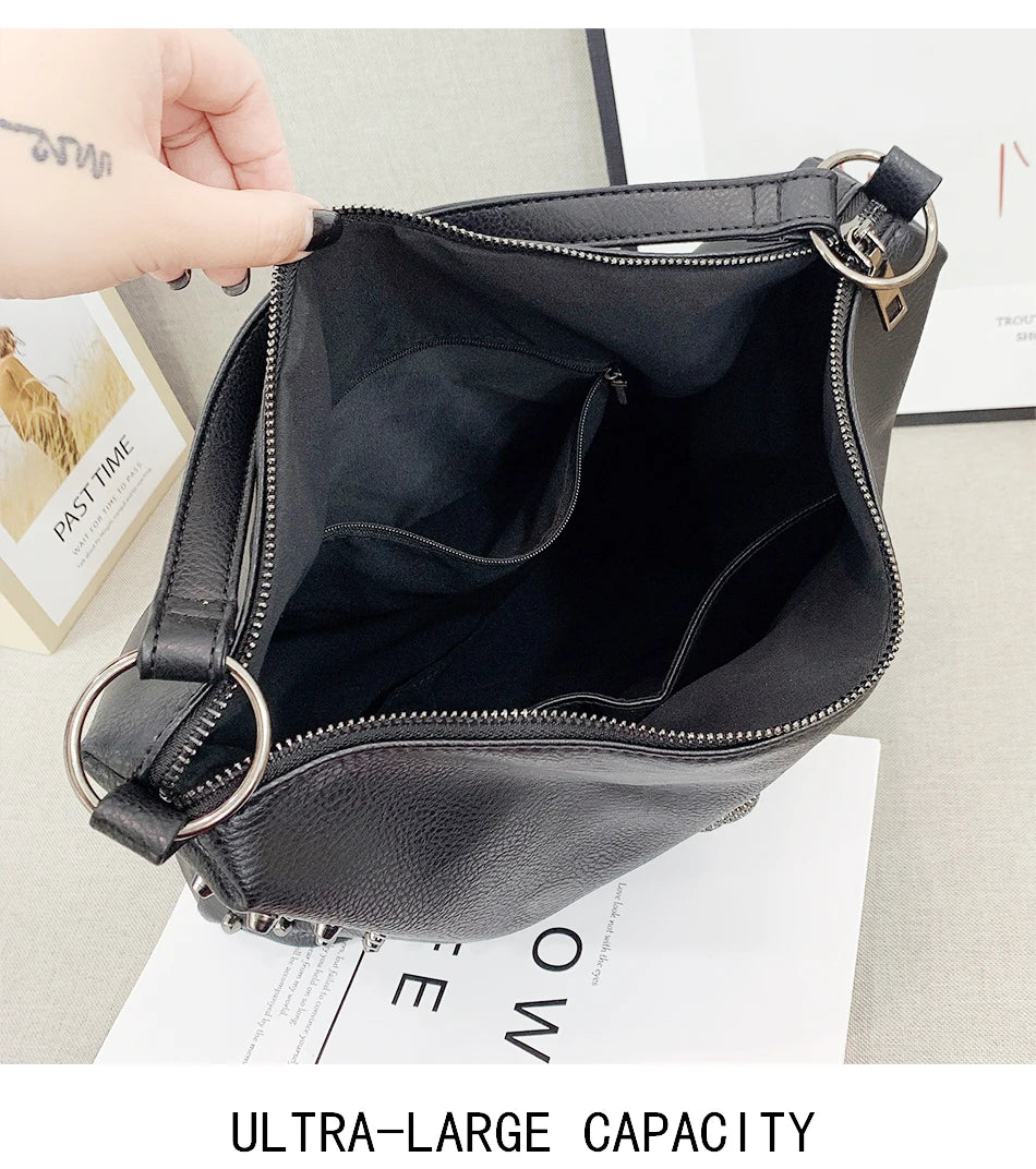 JIEROTYX Punk Skull Women Shoulder Bags Large Capacity Fashion Rivet Ladies Handbag Black Leather PU Tote Cossbody Great Quality