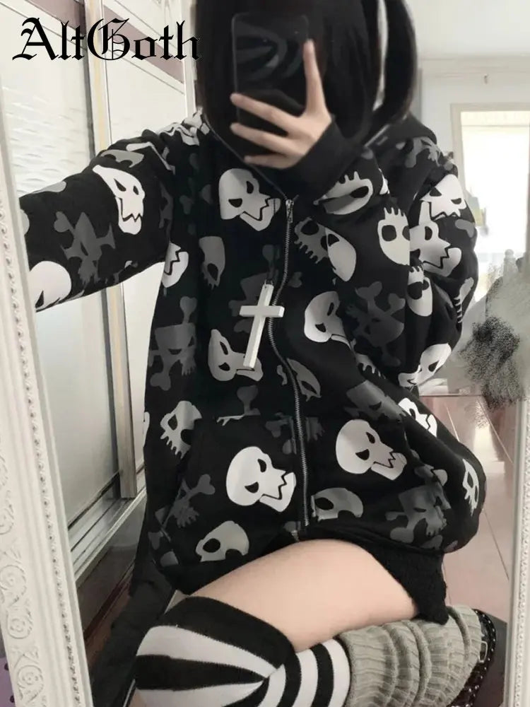 AltGoth Cyberpunk Y2k Sweatshirt Women Mall Goth Harajuku Skull Printed Long Sleeve Zipper Cardigan Hoodie Emo Alt Indie Clothes